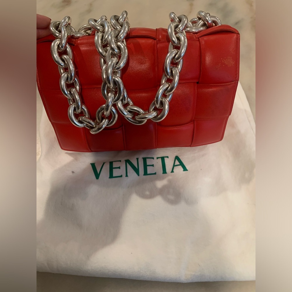 SOLD !! Bottega Venetia Red Padded Chain Cassette Shoulder Bag